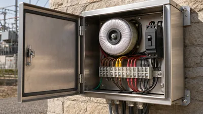 Open stainless steel 12 volt landscape lighting transformer enclosure showing multi tap terminals and toroidal core