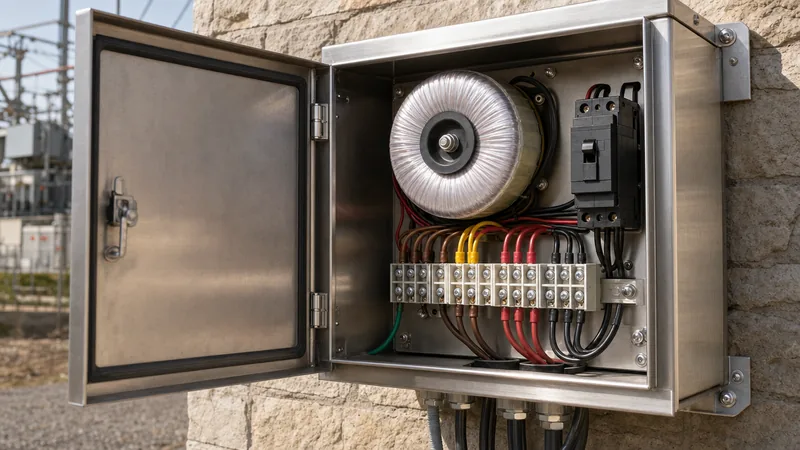 Open stainless steel 12 volt landscape lighting transformer enclosure showing multi tap terminals and toroidal core