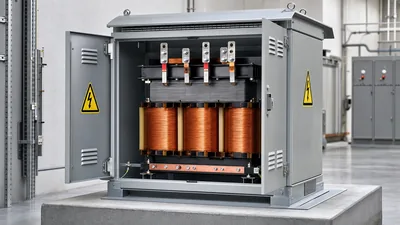 Industrial dry-type 120v to 240v converter showing terminal wiring connections inside an enclosure