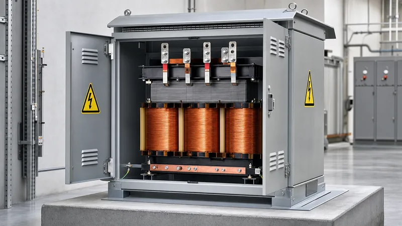 Industrial dry-type 120v to 240v converter showing terminal wiring connections inside an enclosure