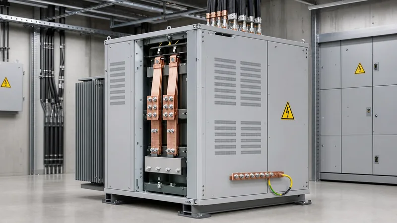 Industrial 240 208 transformer installed in an electrical switchgear room showing copper busbar connections