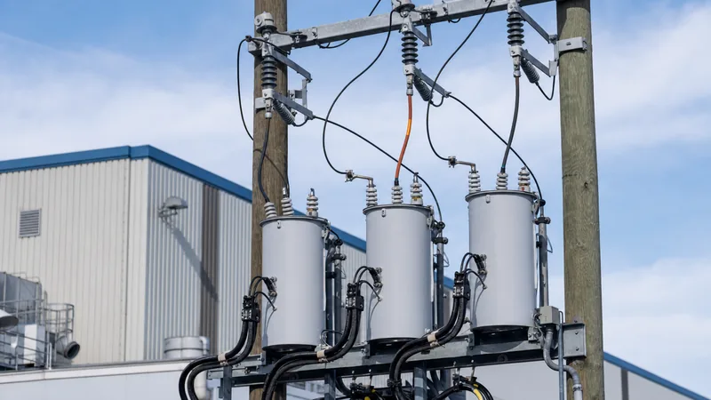 Pole mounted 3 phase high leg delta transformer installation showing high voltage bushings and secondary wiring