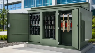Three phase pad mounted transformer installed outdoors on concrete pad with compartmentalised cabinet doors