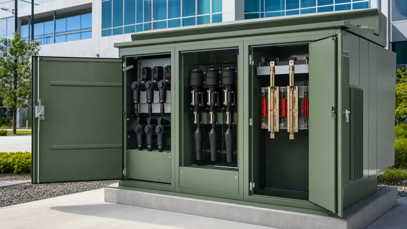 Three phase pad mounted transformer installed outdoors on concrete pad with compartmentalised cabinet doors