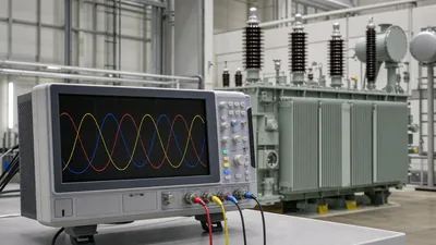 Oscilloscope screen displaying a balanced 3 phase wave with 120 degree displacement in an electrical testing facility