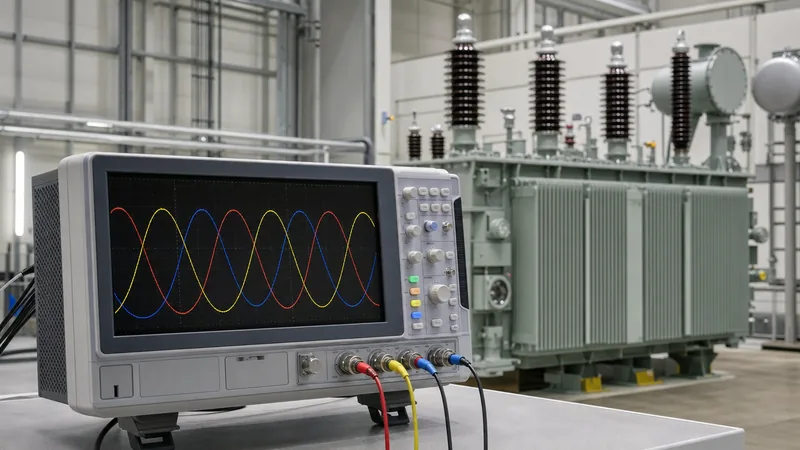 Oscilloscope screen displaying a balanced 3 phase wave with 120 degree displacement in an electrical testing facility