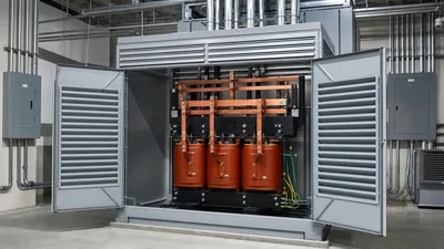 Industrial 480 277 transformer installation showing secondary terminals and grounding connections