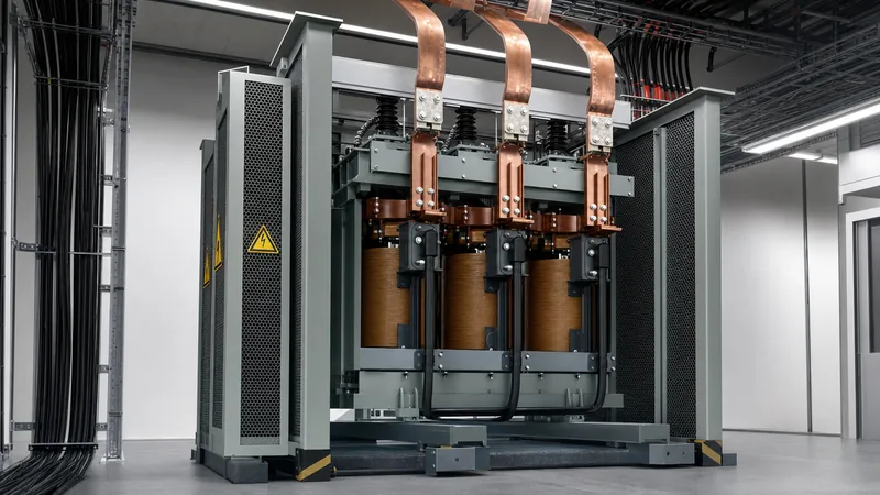 Industrial 480 volt transformer installed in a modern electrical distribution substation