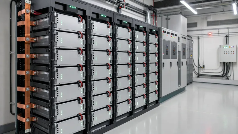 48v solar battery rack system with DC switchgear and battery management system wiring in an energy storage room