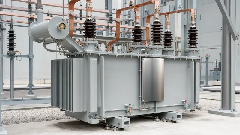 Industrial three-phase ac voltage transformer installed in a medium-voltage electrical substation