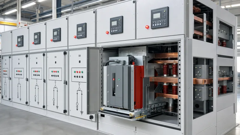 Medium voltage air insulated switchgear lineup installed in an indoor electrical distribution substation.