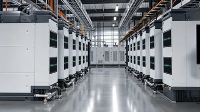 Battery bank industrial installation with liquid-cooled racks and high-voltage DC switchgear in a factory power room