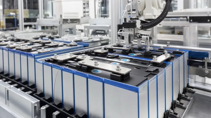 Industrial prismatic lithium iron phosphate battery cell array during module assembly