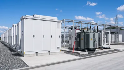 Industrial battery energy storage system design showing containerized racks and power conversion units