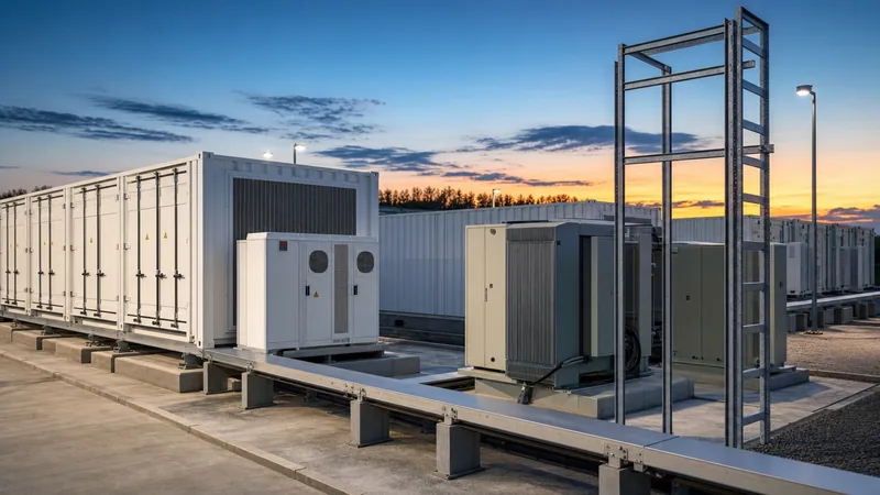 Industrial battery ESS container installation with liquid cooling and medium-voltage step-up transformers