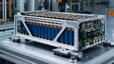 Engineered lithium battery module showing prismatic cells and laser-welded busbars on an assembly line