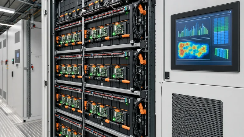 Industrial battery monitoring system modules and screen on utility energy storage rack