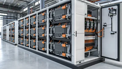 Industrial battery unit rack with high voltage protection switchgear and liquid cooling lines