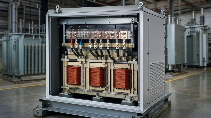 Internal view of a buck and boost transformer 208 to 240 showing terminal connections and copper coils