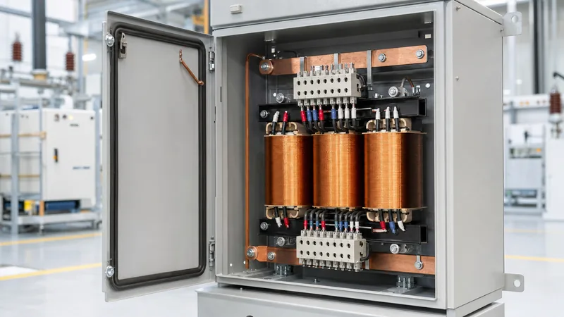 Dry-type buck boost transformer inside electrical enclosure showing terminal connections and copper windings