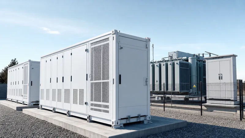 Commercial battery storage costs guide showing turnkey industrial energy storage system on a concrete pad