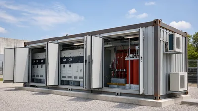Containerized electrical substation showing medium-voltage switchgear and transformer compartments