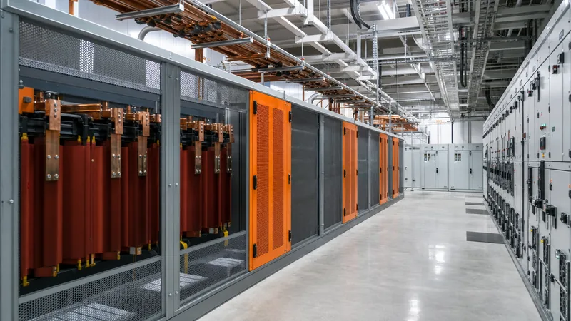 Data center power distribution room showing dry-type transformers and low-voltage switchgear