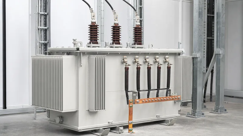 Delta y transformer installation showing primary bushings and secondary neutral busbar in an industrial substation.