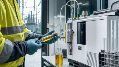 Laboratory technician inspecting an airtight glass syringe for a transformer DGA oil test.