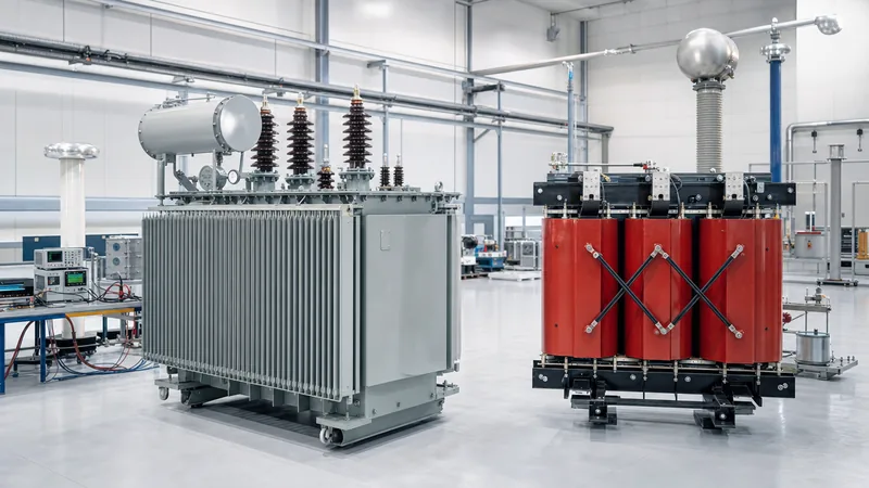 Different types of transformers including liquid-immersed power units and cast resin dry-type transformers in a factory