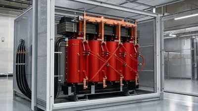 Cast resin dry type transformer installed inside a modern industrial medium-voltage electrical substation room