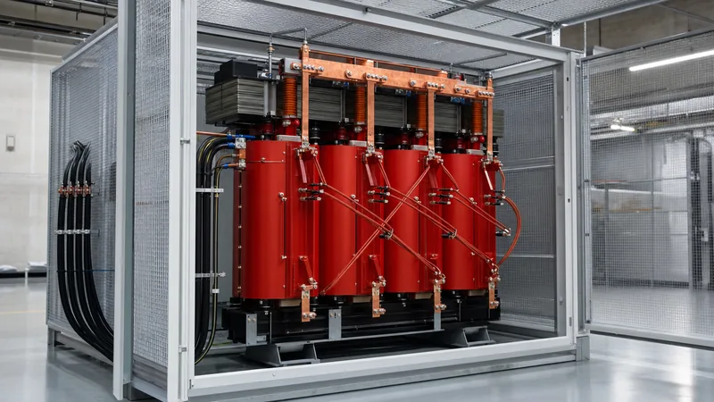 Cast resin dry type transformer installed inside a modern industrial medium-voltage electrical substation room
