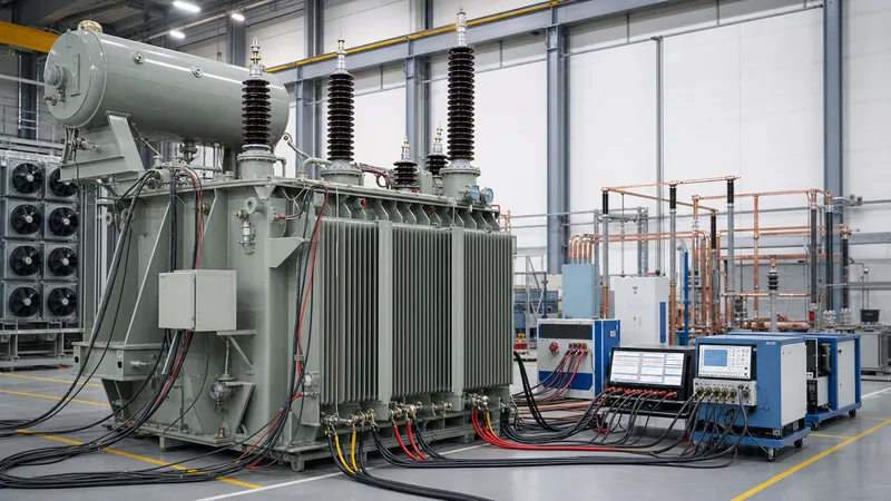 Testing bay measuring electrical efficiency in transformer windings and core using digital power analysers
