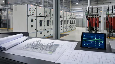 Detailed electric substation diagram and single-line schematics displayed in a modern switchgear substation