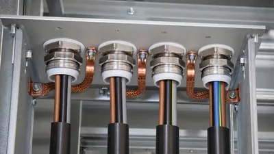 Heavy-duty electrical box bushing installed on industrial switchgear panel entry with grounding wire
