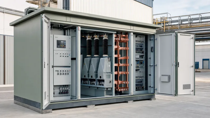 Factory-built electrical distribution equipment inside an outdoor modular box-type substation
