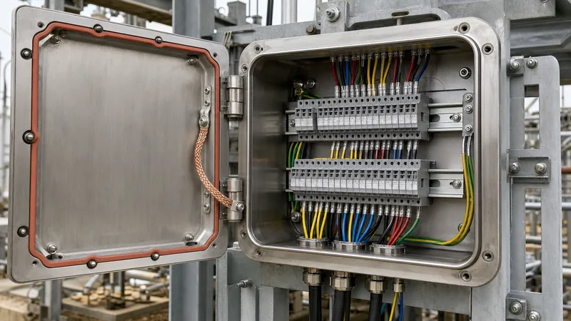 Industrial stainless steel electrical junction box with cover and DIN rail terminal blocks