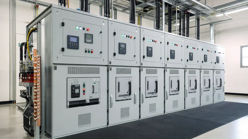 Medium-voltage electrical switchgear panels installed in an industrial substation control room