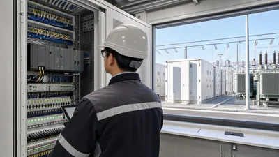 Industrial controller cabinet running EMS battery storage supervisory software at a utility substation