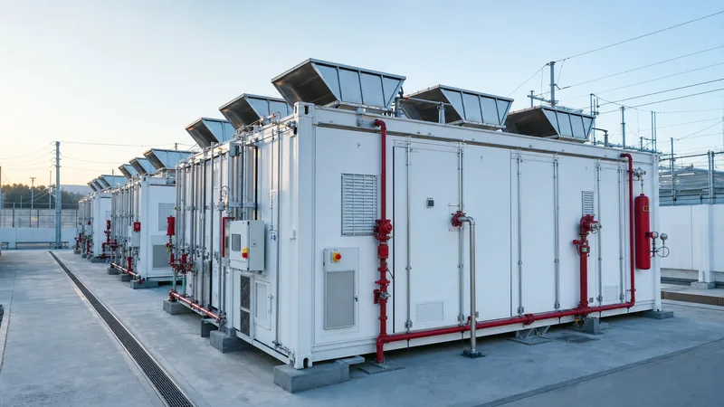 Industrial utility-scale energy storage container highlighting fire battery deflagration panels and suppression hardware
