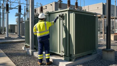 Engineers inspecting an electrical transformer filled with fire-safe fr3 transformer oil in an industrial substation