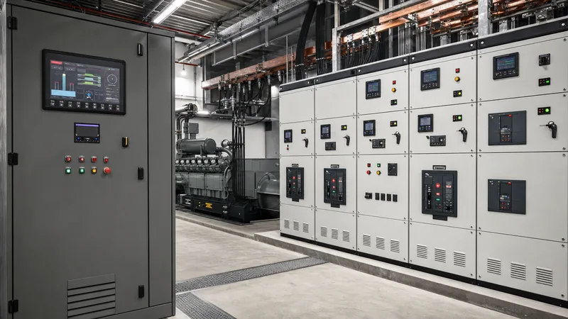 Industrial switchboard digital meter displaying generator kva to amps calculator measurements