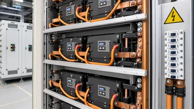 Industrial high voltage battery pack rack showing BMS modules, DC isolation switchgear, and series busbars.