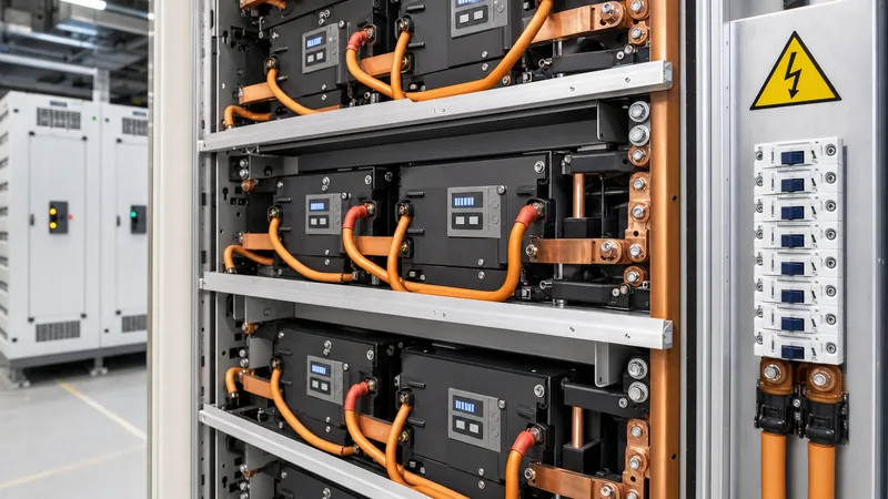 Industrial high voltage battery pack rack showing BMS modules, DC isolation switchgear, and series busbars.