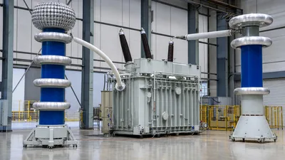 Factory high voltage test bay conducting dielectric withstand testing on a power transformer