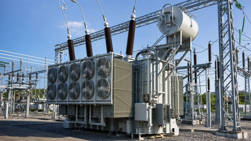 Large three-phase high voltage transformer installed in an electrical transmission substation yard