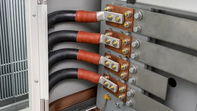Electrician demonstrating how to connect low voltage wires to transformer secondary spades using compression lugs