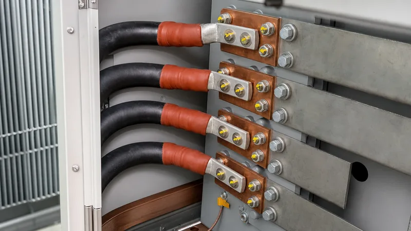 Electrician demonstrating how to connect low voltage wires to transformer secondary spades using compression lugs