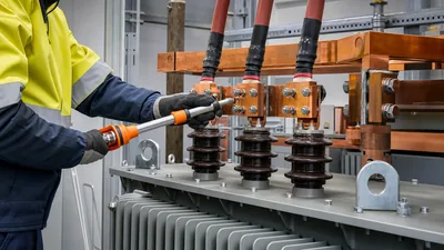 Electrical engineer demonstrating how to connect step down transformer bushings in a substation