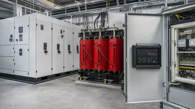 Electrical substation showing digital meter displaying how to determine kVA on switchgear